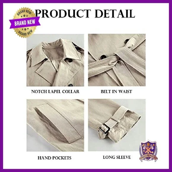 Women's Double Breasted Long Trench Coat Windproof Slim Fit Overcoat